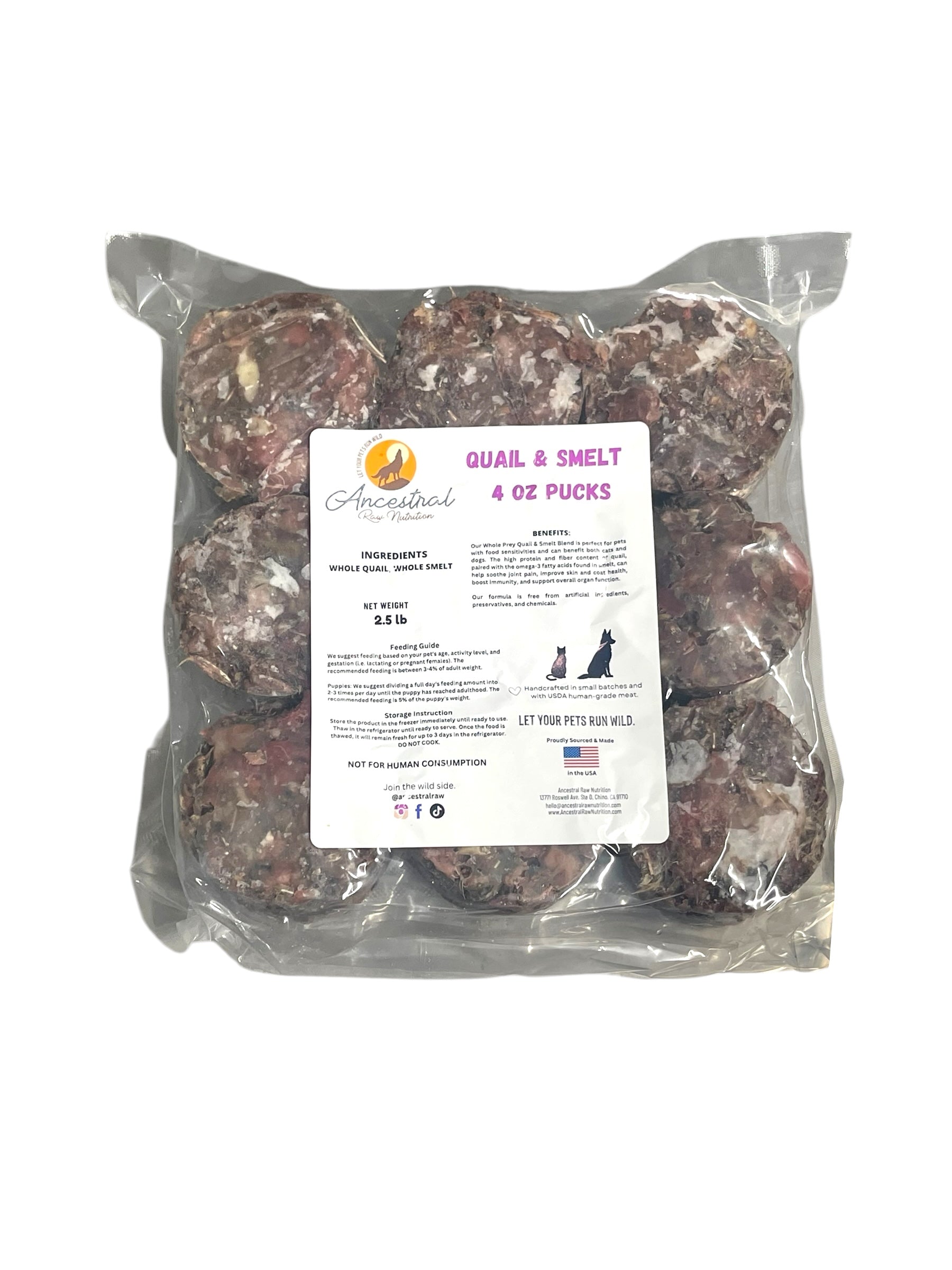 Whole Prey Quail & Smelt (Chunky Grind) 4 Ounce Pucks - 2.5 Lb Bag